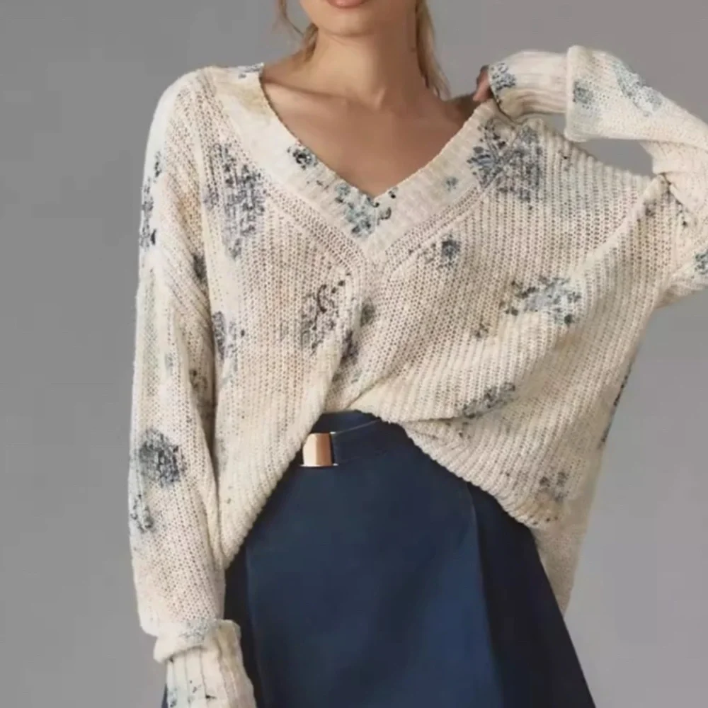 NWT Anthropologie Pilcro Slouchy V-Neck Sweater - Ivory Combo - Picture 4 of 8